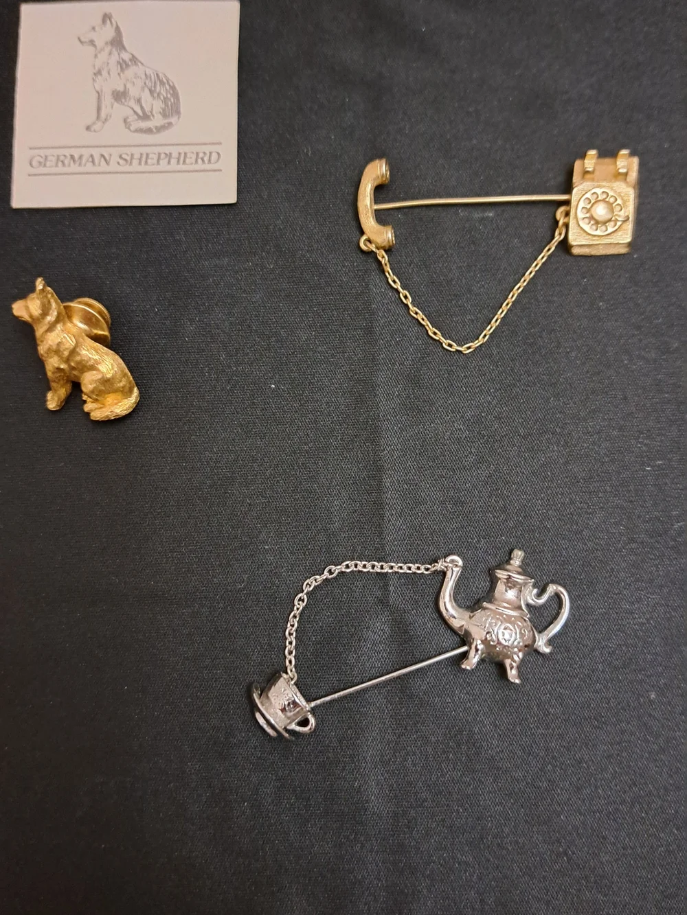 Avon Gold and Silver Novelty Brooch Set - Teapot, Telephone, Dog